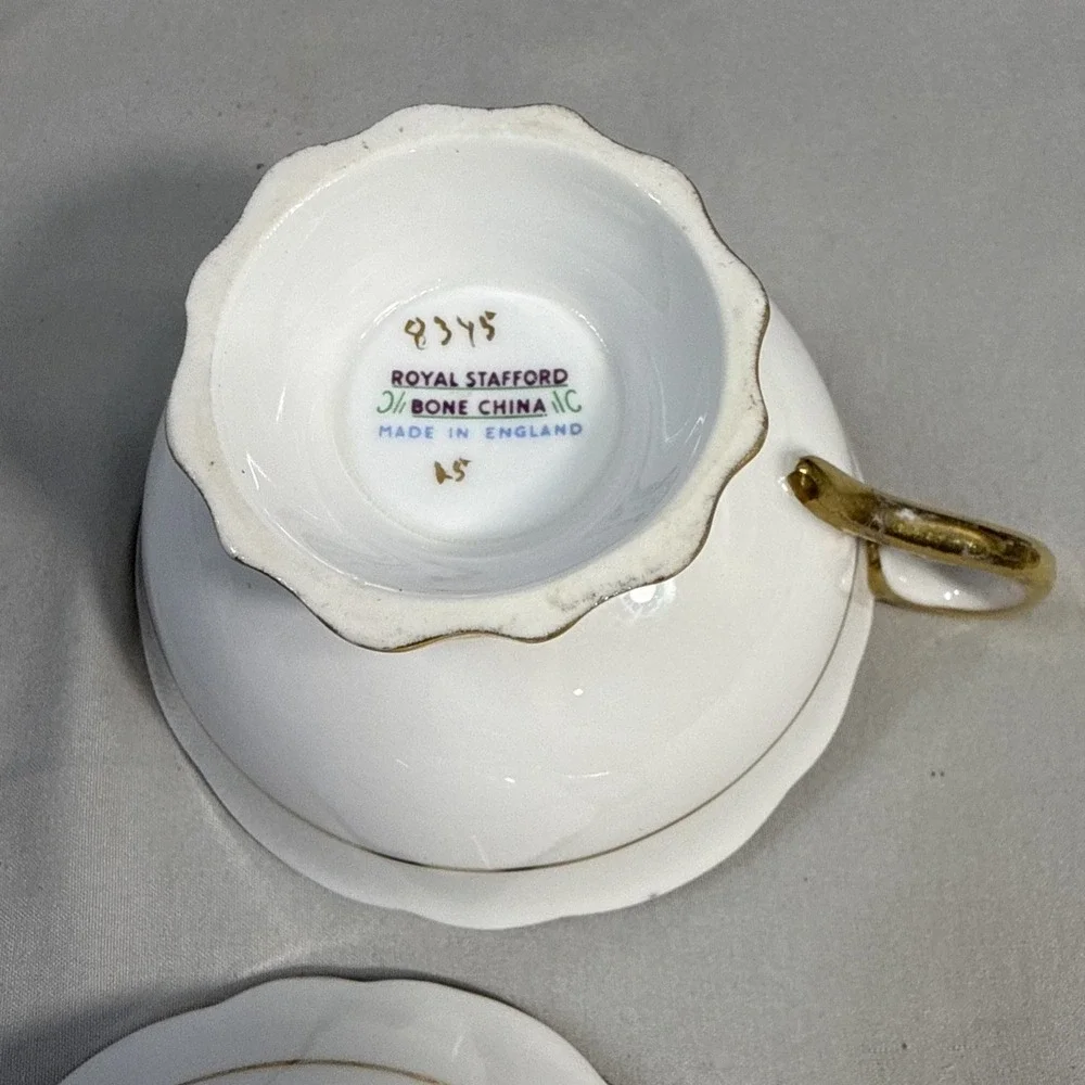 Vintage Royal Stafford 8345 Bone China Teacups White Gold Floral Pair 2 England